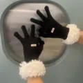 Women winter warm thick knit touchscreen gloves with plush furry cuffs black variant - Black