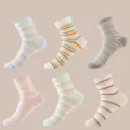 Women striped mid-tube cotton socks, casual breathable cute colorful socks for daily wear. - One Size / Blue