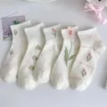 Sweet lolita style women socks featuring cute pink tulip embroidery and white cotton fabric. - One Size / Multicolor