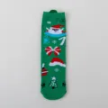 Green Christmas cotton mid-tube socks featuring cute Santa prints and magnetic hand-holding. - Color 010