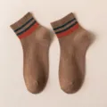 Men's brown mid-tube cotton socks with classic double-stripe cuffs, Japanese college style variant. - One Size / Coffee