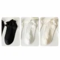 Sweet Lolita short socks featuring cable knit, breathable mesh and ribbon lace trim. - One Size / Black (Twisted Heart Ribbon)