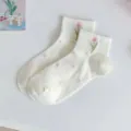 Women white short socks with sweet pink polka dots and tulip embroidery for daily wear style. - One Size / Dot