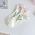 White short socks for women, cute pink tulip floral design, sweet student cotton socks spring. - One Size / 3D Flower