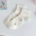 Sweet lolita white short cotton socks with pink tulip embroidery and cute bow details. - One Size / Large Three-Bar Bow