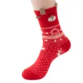 Red Christmas mid-calf socks for women with cute 3D bear ears and winter snowflake patterns. - One Size / Curved Board Socks in Red with House, Deer, and Bear