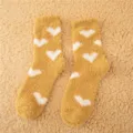 Cozy yellow fluffy fleece socks with cute white heart patterns, soft texture detail view. - Size 35-40 / Yellow