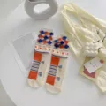 Sheer glass socks with orange blue check cuffs and floral details, thin summer mid-calf style. - One Size / Shan - Diamond Pattern