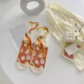 Women summer sheer transparent daisy crystal socks mid-tube cute floral fashion hosiery - One Size / Shan - Orange Small Flowers