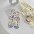 Sheer crystal socks for women, summer thin floral embroidered mesh crew socks with blue heels. - One Size / Shan - Light Blue Striped Flowers