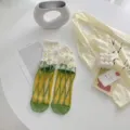Women sheer floral crystal socks, summer thin mesh daisy ankle socks with green stems. - One Size / Shan - Green Grid Flowers