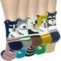Stylische Cartoon Hund Wadenstrümpfe für Damen mit niedlichen 3D Ohren und bunten Streifen - Einheitsgröße / Hund mit Ohren / 5 Paare
