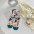 Sheer floral crew socks summer crystal socks breathable cute thin socks for women - One Size / Shan - Denim Blue with Orange Flowers