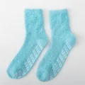 Light blue fuzzy fluffy home socks with non-slip grips on bottom, soft coral fleece for women. - Women's Non-slip Solid Color Lake Blue