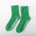 Green fluffy slipper socks for women, soft plush fuzzy home socks with non-slip grips. - Women's Non-slip Solid Color Dark Green