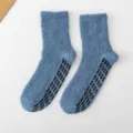 Blue fuzzy non-slip cozy winter socks with grip soles for men and women, soft plush home wear. - Men's Non-slip Solid Denim Blue