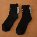 Damen niedliche Dinosaurier Korallenfleece Mid-Tube dicke warme kuschelige Wintersocken Zuhause - Größe 35-40 / Schwarz