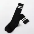 Black long socks with white stripes, Japanese JK uniform knee high cotton calf socks variant. - One Size / Black Calf Socks with Two White Stripes