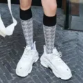 Black white houndstooth knee high socks for women, spring summer retro cotton calf socks. - One Size / Snow - Houndstooth Grey