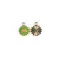 Metal daisy flower charm pendant detail view, green enamel sun flower DIY jewelry part. - Green Floral