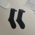 Schwarze Wadenstrümpfe mit schickem Schleifendetail, japanischer Strickstrumpf für Damen. - Unabhängige OPP-Beutelverpackung / Schwarz - Wadenlang