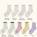 Süße japanische atmungsaktive Sommer Socken mit hohlem Design und bunten Rändern für Frauen. - Weiße Socken mit gelbem Rand