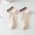 Casual women short socks with brown stripe, comfortable cotton breathable daily wear athletic style - One Size / Beige