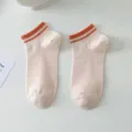 Comfortable cotton short socks for women, beige ankle socks with orange stripes, casual wear. - One Size / Milk White
