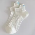 White women short socks with blue embroidered bows, thin summer breathable cotton ankle socks. - One Size / Cream