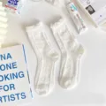 White Japanese JK style ruffle mid-calf socks for women, breathable thin summer knit socks. - One Size / Bubble Jacquard