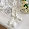 White bow hollow knit mid-tube socks, sweet ballet style ladies fashion hosiery - One Size / Milk White