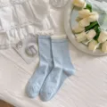 Calcetines de media pierna azul claro con lazo y ribete de encaje, finos calcetines JK. - Talla única / Azul