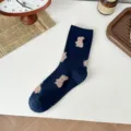 Cute cartoon animal jacquard crew socks for women, cozy dark blue winter warm cotton socks. - Dark Blue