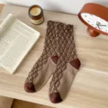 Diamond pattern knit crew socks, stylish retro brown and green stacking socks variant. - One Size / Dark Brown
