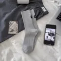 Gray ribbed mid-tube socks featuring a chic small black label, comfortable casual cotton daily wear. - Gray