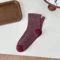 Burgundy striped mid-calf socks with pearl cuffs, retro Japanese cute student casual socks. - One Size / Burgundy