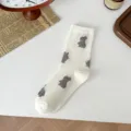 White cute cartoon rabbit jacquard mid-tube women socks, sweet daily casual socks. - White