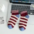 Women short cotton socks dopamine striped college style autumn winter cute casual daily wear - One Size / Wine Red Patchwork