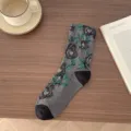 Grey floral embroidered mid-calf socks retro vintage style women casual cotton daily wear - One Size / Gray Retro Floral