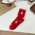 Red mid-tube socks for women, cute animal jacquard design, cozy winter cotton socks. - Red