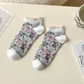 Floral lace ruffle women short cotton socks, Japanese vintage cute casual everyday wear. - One Size / White