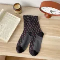 Cozy diamond pattern slouch socks in grey with floral detail, trendy mid-calf cotton socks. - One Size / Grey Black
