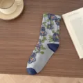 Women vintage floral mid-calf socks retro casual cotton knit socks daily wear grey blue - One Size / Grey Blue Floral
