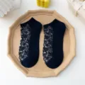 Women summer sheer lace floral low cut boat socks thin breathable mesh retro navy blue - One Size / Dark Blue