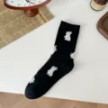 Cute cartoon animal embroidered mid-tube socks for women, comfortable black knit socks. - Black