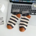 Women cute striped short cotton socks, grey and beige with brown heel and toe, casual style. - One Size / Brown Patchwork