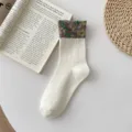 Vintage floral mid-calf socks for women, retro ethnic style cozy autumn winter cotton hosiery. - One Size / Off White