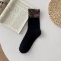 Retro floral cuff mid-calf socks, elegant black knit winter literary style socks - One Size / Black