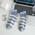 Blue striped short cotton socks for women, cute college style ankle socks, variant. - One Size / Blue Patchwork