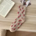Retro floral knit mid-tube socks with cute red cherry pattern and cozy beige color design. - One Size / Khaki